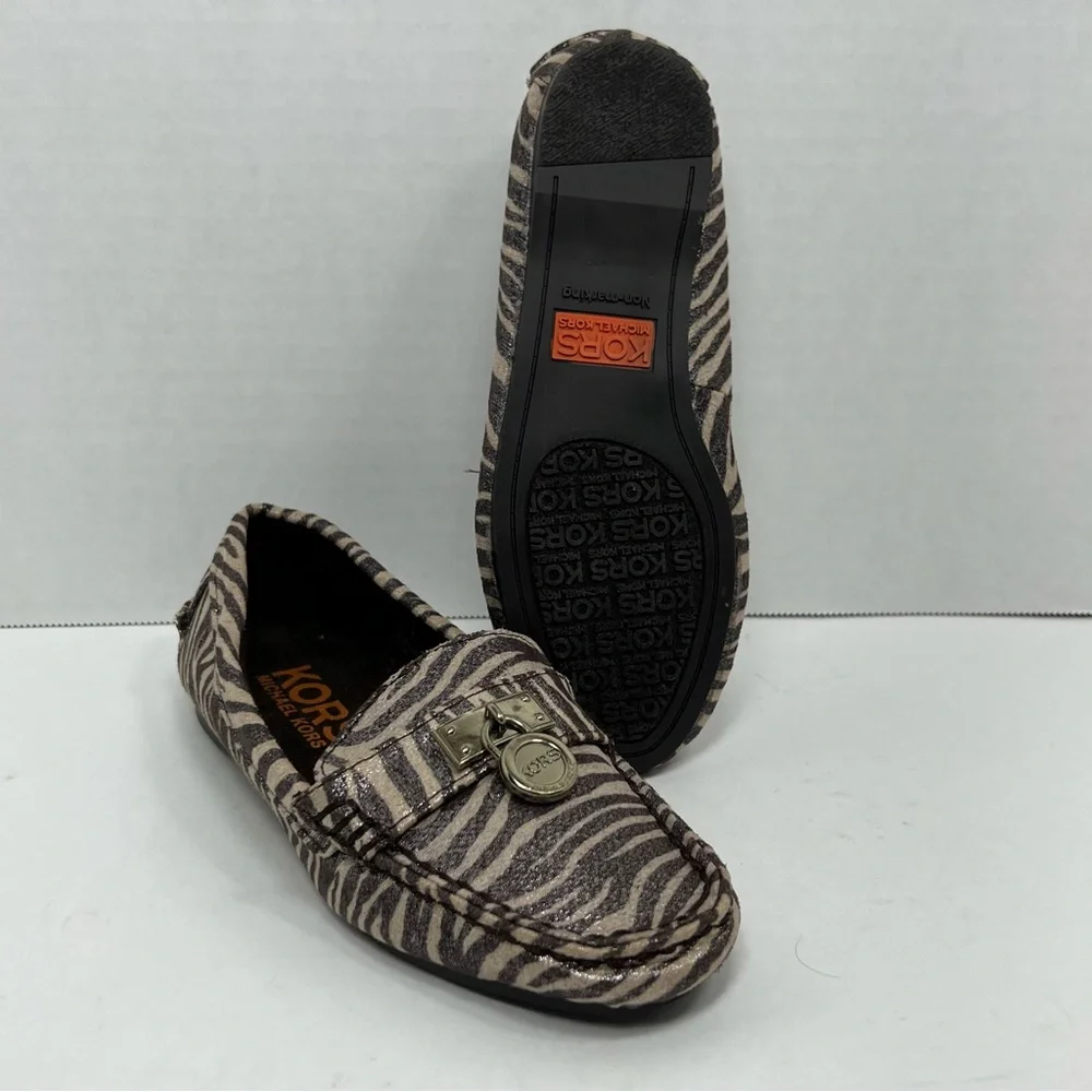 NWT Michael Kors Girls Metallic ZOEY Animal Print Loafers Zebra Giraffe Sz 13Y